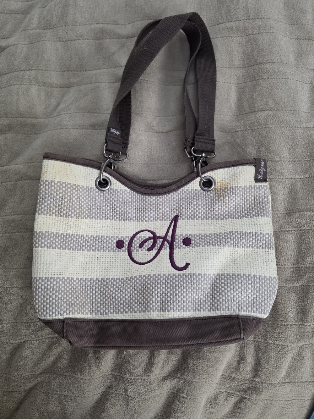thirty-one Cream and Taupe Striped Tote with Purple Monogram
